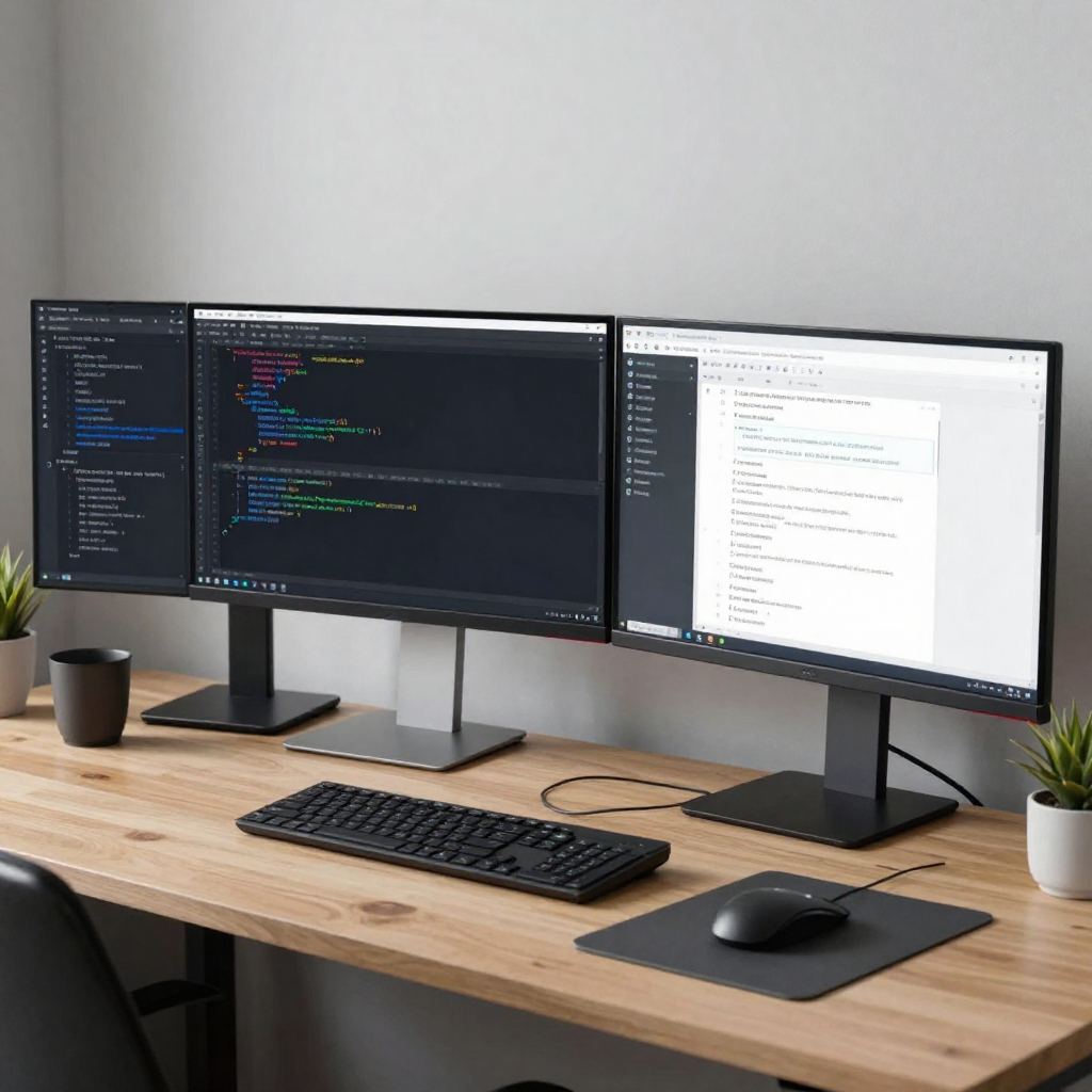 Modern web development workspace with multiple monitors showing code and design